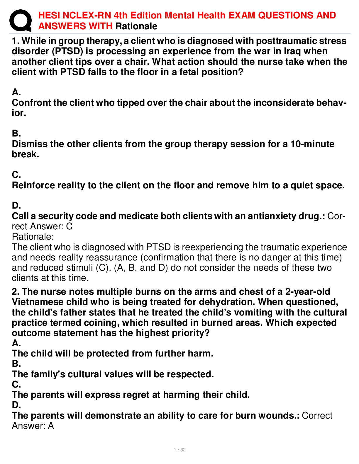 Preview image for HESI NCLEX-RN 4th Edition Mental Health EXAM QUESTIONS AND ANSWERS WITH Rationale